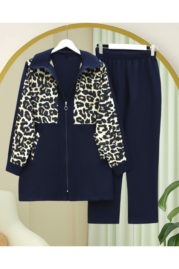 Shirt Collar Zippered Trouser Suit  -Navy blue