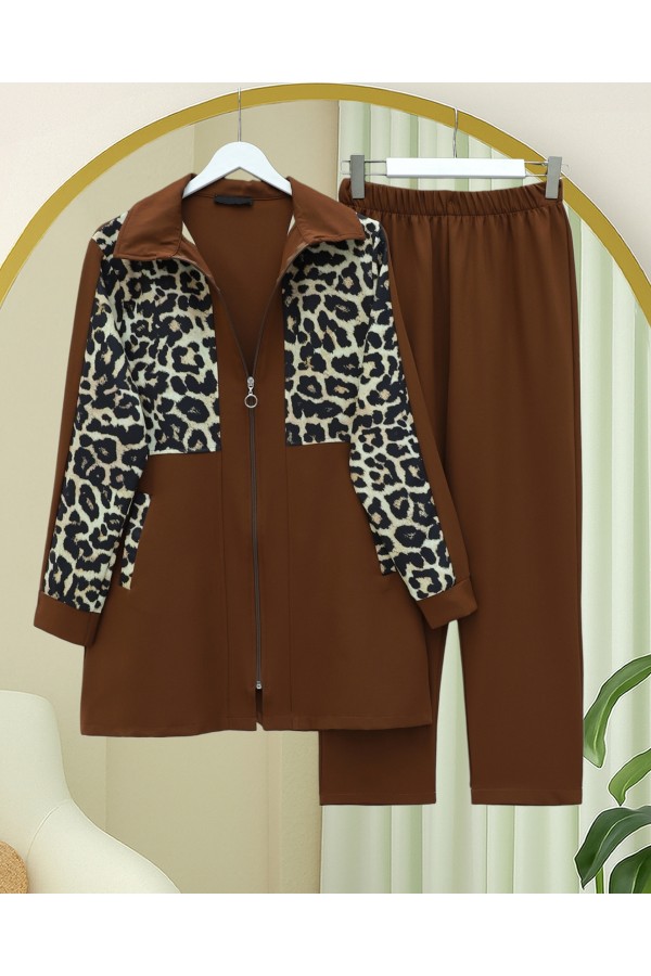 Shirt Collar Zippered Trouser Suit  -Snuff