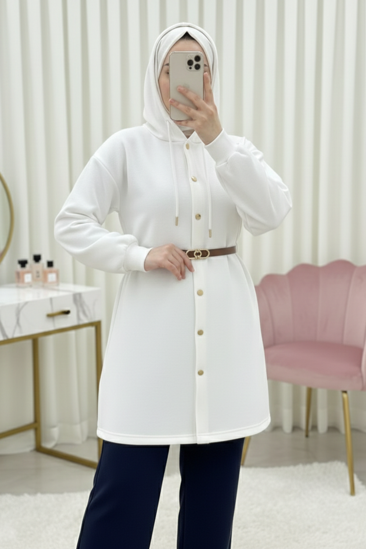 Hooded, Snap-Front, Belted, Three-Thread Sweatshirt -White