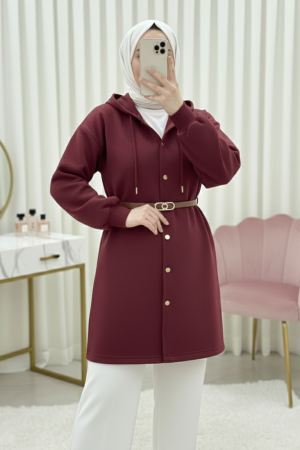 Kapşonlu Önü Çıtçıtlı Beli Kemerli Üç İplik Sweat Kap -Bordo