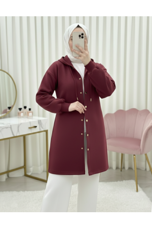 Kapşonlu Önü Çıtçıtlı Beli Kemerli Üç İplik Sweat Kap -Bordo
