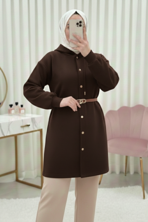 Kapşonlu Önü Çıtçıtlı Beli Kemerli Üç İplik Sweat Kap -Kahve