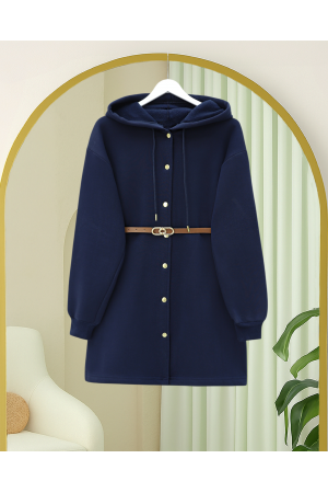 Kapşonlu Önü Çıtçıtlı Beli Kemerli Üç İplik Sweat Kap -Laci