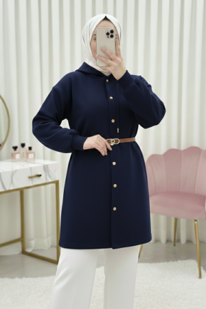 Kapşonlu Önü Çıtçıtlı Beli Kemerli Üç İplik Sweat Kap -Laci