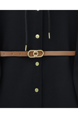 Kapşonlu Önü Çıtçıtlı Beli Kemerli Üç İplik Sweat Kap -Siyah