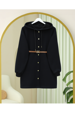 Kapşonlu Önü Çıtçıtlı Beli Kemerli Üç İplik Sweat Kap -Siyah