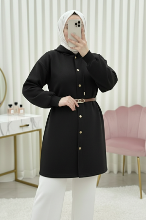 Kapşonlu Önü Çıtçıtlı Beli Kemerli Üç İplik Sweat Kap -Siyah