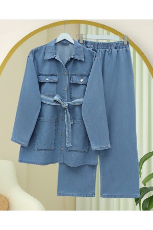 Beli Kemerli Cepli Önü Düğmeli Kot Takım  -Buz Mavi