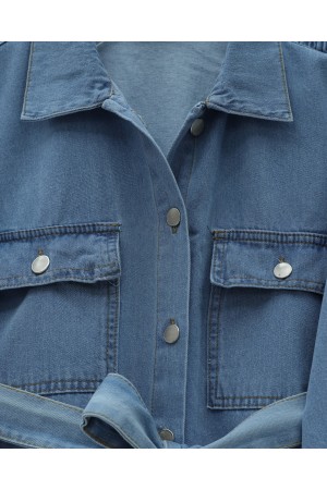 Beli Kemerli Cepli Önü Düğmeli Kot Takım  -Buz Mavi