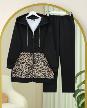 بدلة غوص بغطاء رأس بنقشة جلد النمر وتفاصيل سلسلة -أسود