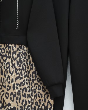 بدلة غوص بغطاء رأس بنقشة جلد النمر وتفاصيل سلسلة -أسود