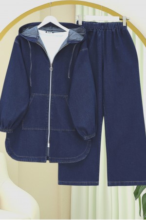 Hooded denim suit with front zip, elasticated cuffs, and pockets.  -Navy blue
