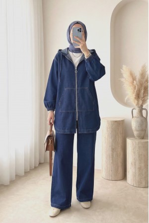 Kapşonlu Önü Fermuarlı Kolu Lastikli Cepli Kot Takım  -Laci