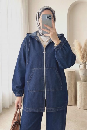Hooded denim suit with front zip, elasticated cuffs, and pockets.  -Navy blue