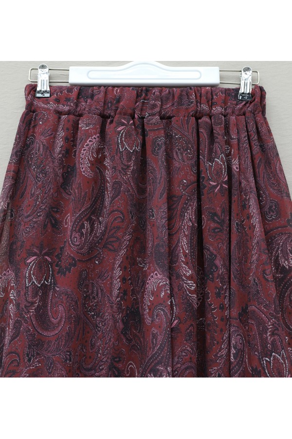 Ethnic Patterned, Elastic Waist, Lined, Asymmetrical Hem Chiffon Skirt -Maroon