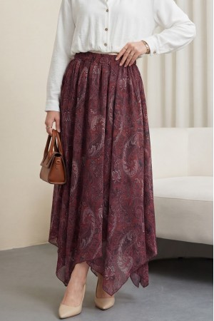 Ethnic Patterned, Elastic Waist, Lined, Asymmetrical Hem Chiffon Skirt -Maroon