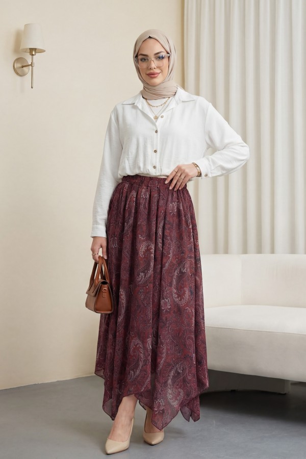 Ethnic Patterned, Elastic Waist, Lined, Asymmetrical Hem Chiffon Skirt -Maroon