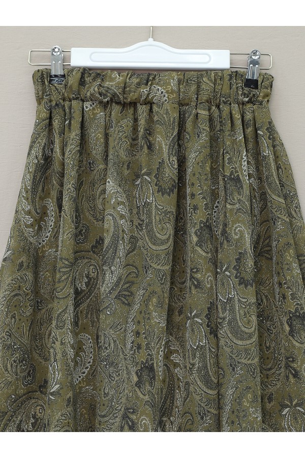 Ethnic Patterned, Elastic Waist, Lined, Asymmetrical Hem Chiffon Skirt -Khaki