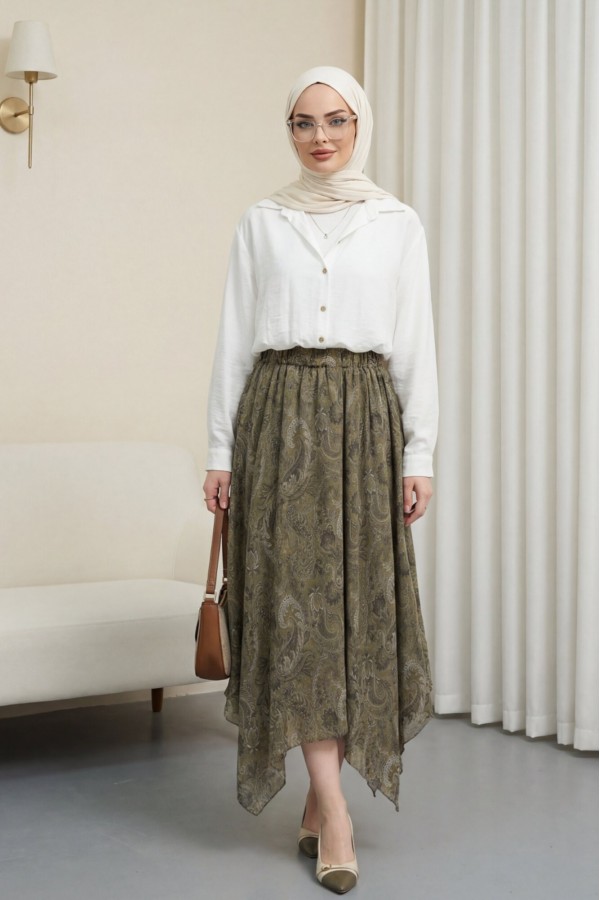 Ethnic Patterned, Elastic Waist, Lined, Asymmetrical Hem Chiffon Skirt -Khaki