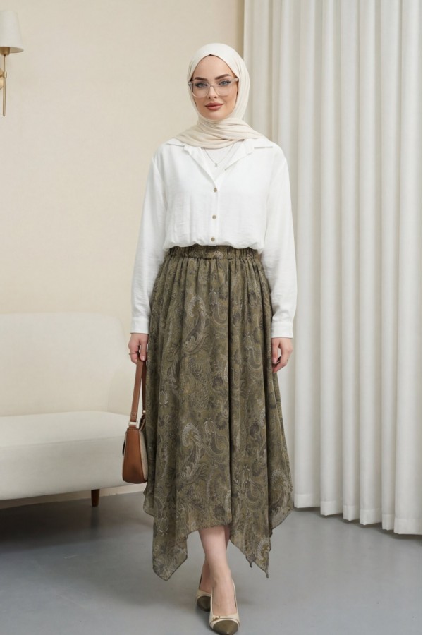 Ethnic Patterned, Elastic Waist, Lined, Asymmetrical Hem Chiffon Skirt -Khaki
