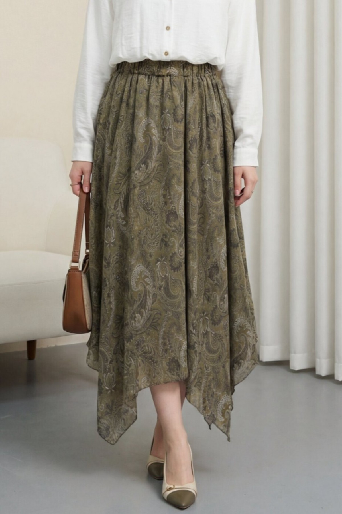 Ethnic Patterned, Elastic Waist, Lined, Asymmetrical Hem Chiffon Skirt -Khaki