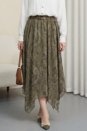 Ethnic Patterned, Elastic Waist, Lined, Asymmetrical Hem Chiffon Skirt -Khaki