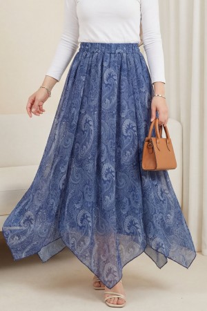 Ethnic Patterned, Elastic Waist, Lined, Asymmetrical Hem Chiffon Skirt -İndigo
