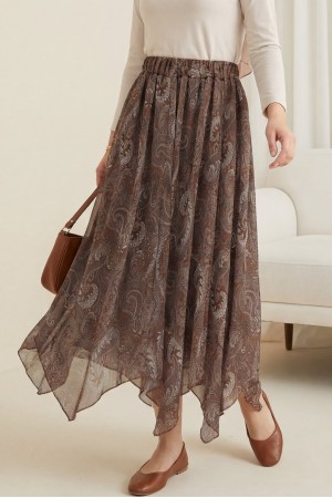 Ethnic Patterned, Elastic Waist, Lined, Asymmetrical Hem Chiffon Skirt -Brown