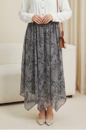 Ethnic Patterned, Elastic Waist, Lined, Asymmetrical Hem Chiffon Skirt -Black