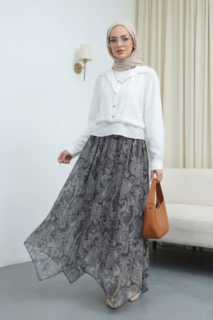 تنورة شيفون بنقوش عرقية، خصر مطاطي، مبطنة، وحافة غير متماثلة -أسود