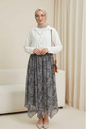 تنورة شيفون بنقوش عرقية، خصر مطاطي، مبطنة، وحافة غير متماثلة -أسود