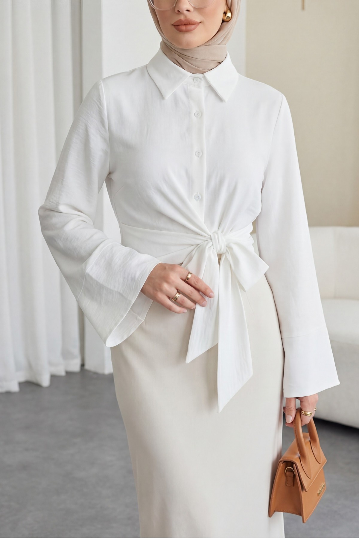 Belted Waist Spanish Sleeve Poplin Shirt Blouse -White