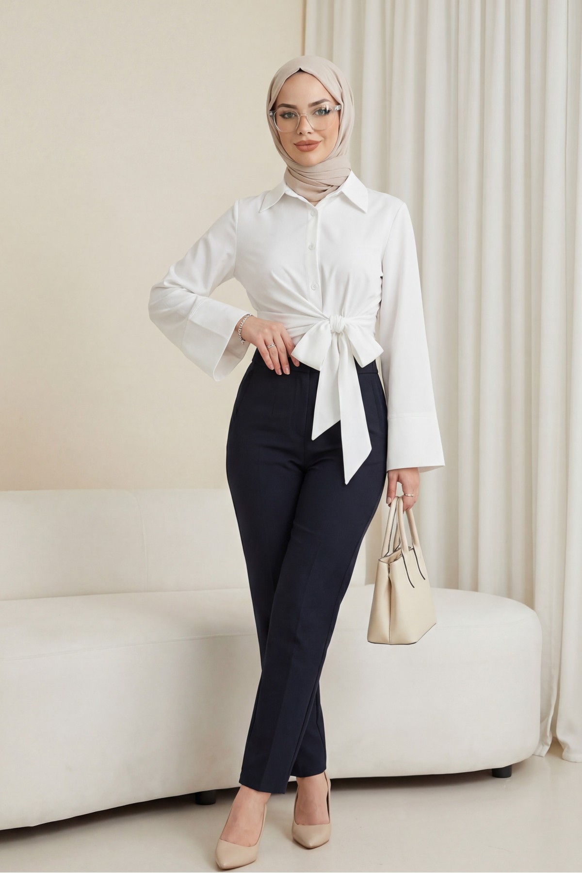 Belted Waist Spanish Sleeve Poplin Shirt Blouse -White