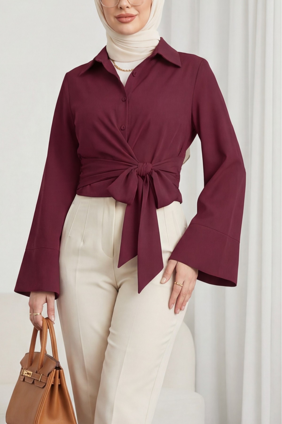 Belted Waist Spanish Sleeve Poplin Shirt Blouse -Maroon