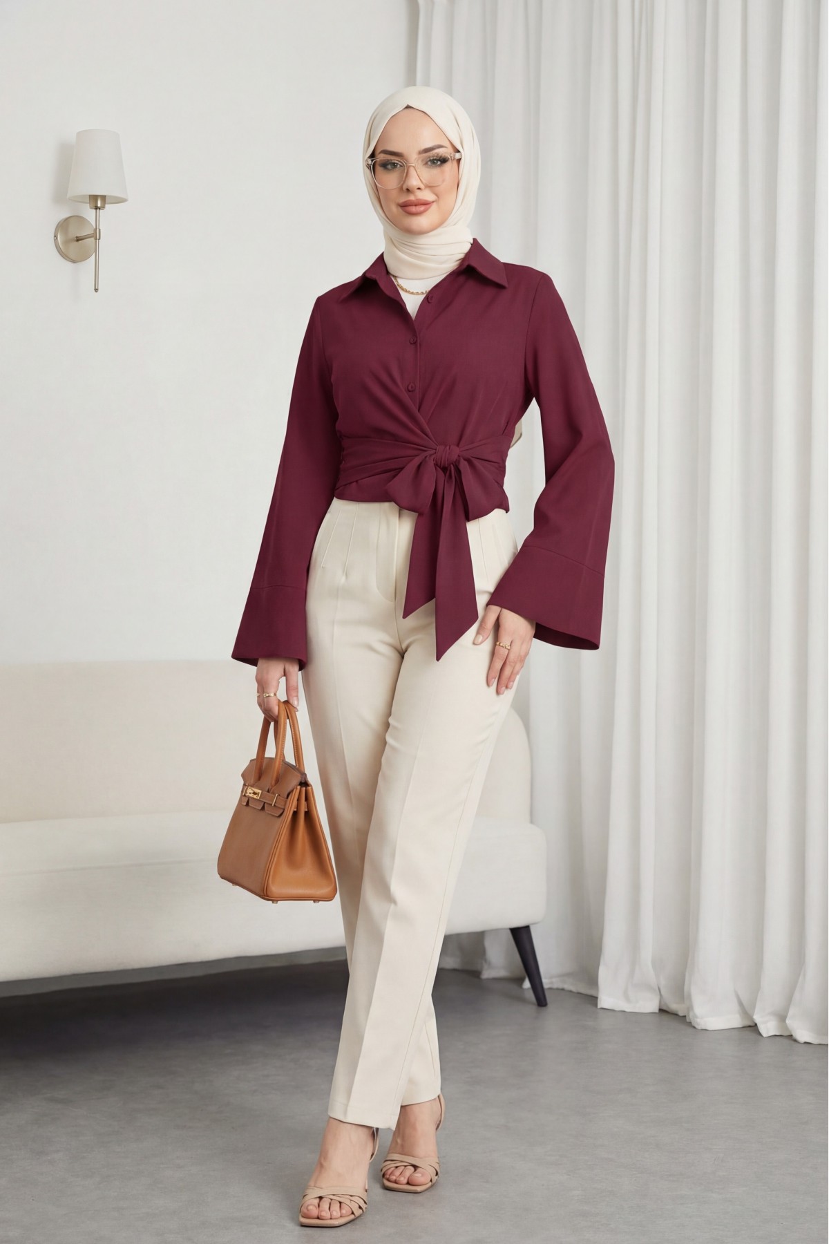 Belted Waist Spanish Sleeve Poplin Shirt Blouse -Maroon