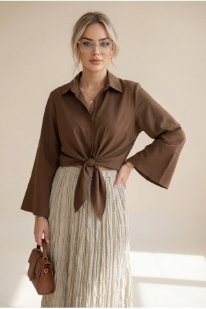 Beli Bağlamalı İspanyol Kol Poplin Gömlek Bluz -Kahve