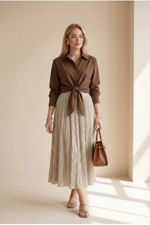 Beli Bağlamalı İspanyol Kol Poplin Gömlek Bluz -Kahve