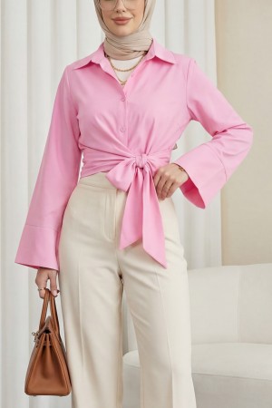 Beli Bağlamalı İspanyol Kol Poplin Gömlek Bluz -Pembe