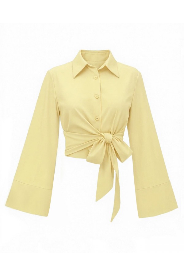 Belted Waist Spanish Sleeve Poplin Shirt Blouse -Yellow