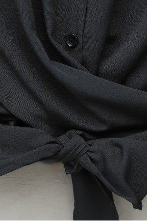 Beli Bağlamalı İspanyol Kol Poplin Gömlek Bluz -Siyah
