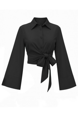 Beli Bağlamalı İspanyol Kol Poplin Gömlek Bluz -Siyah
