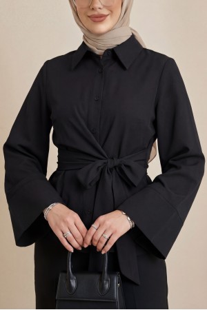 Beli Bağlamalı İspanyol Kol Poplin Gömlek Bluz -Siyah