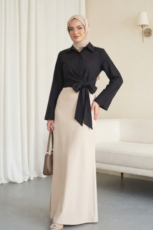 Beli Bağlamalı İspanyol Kol Poplin Gömlek Bluz -Siyah