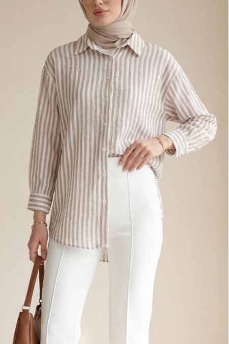 Boydan Düğmeli Çizgili Keten Gömlek -Açık Kahve