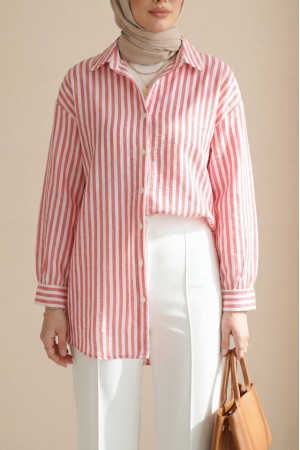 Boydan Düğmeli Çizgili Keten Gömlek -Kırmızı