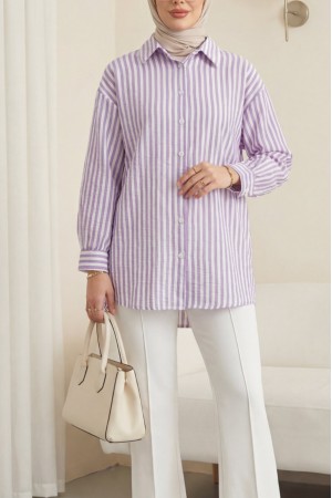 Boydan Düğmeli Çizgili Keten Gömlek -Lila