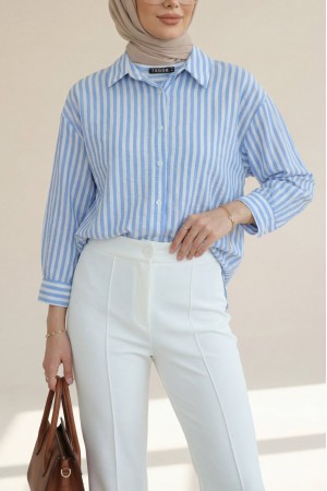 Boydan Düğmeli Çizgili Keten Gömlek -Mavi