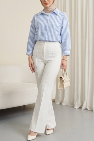 Boydan Düğmeli Çizgili Keten Gömlek -Mavi