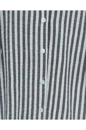 Boydan Düğmeli Çizgili Keten Gömlek -Siyah