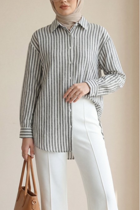 Boydan Düğmeli Çizgili Keten Gömlek -Siyah